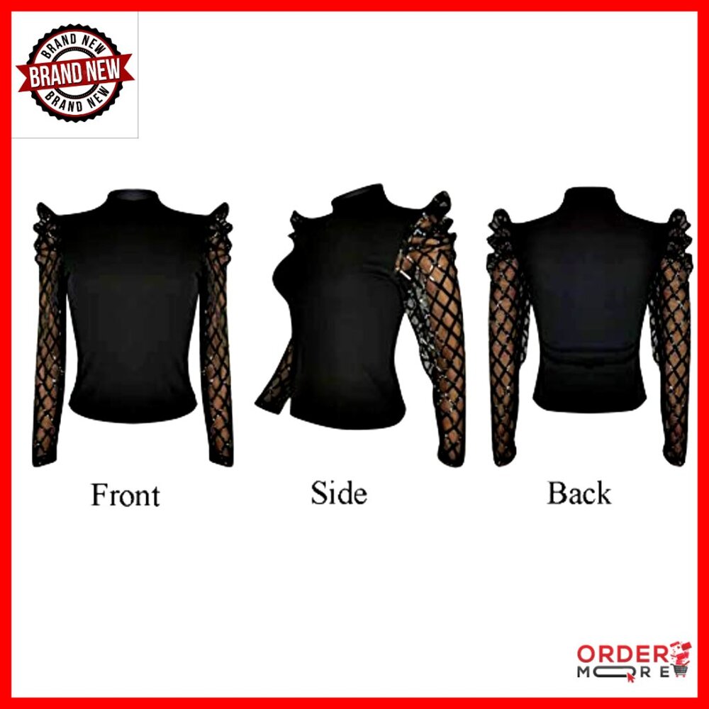Sequin Mesh Long Sleeve Mock Neck Blouse Slim Fit Party Top - Picture 4 of 7